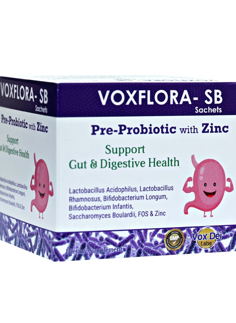 VOXFLORA-SB Sachets – Pre-Probiotic with Zinc for Gut & Digestive Health – Lactobacillus, Bifidobacterium, Saccharomyces Boulardii, FOS – 20 Sachets