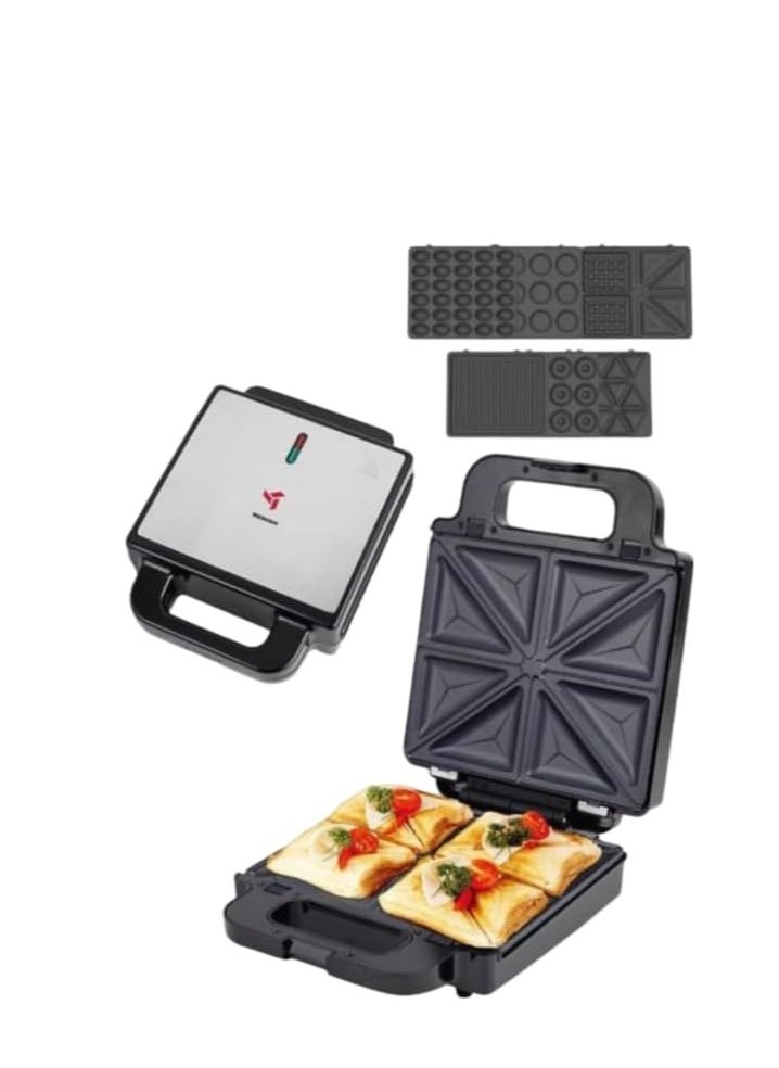 MEBASHI 7-in-1 Multi Snack Maker with Non-Stick Changeable Plates and Auto Lock Clip - Black Steel(ME-SNM618B)(1400W)