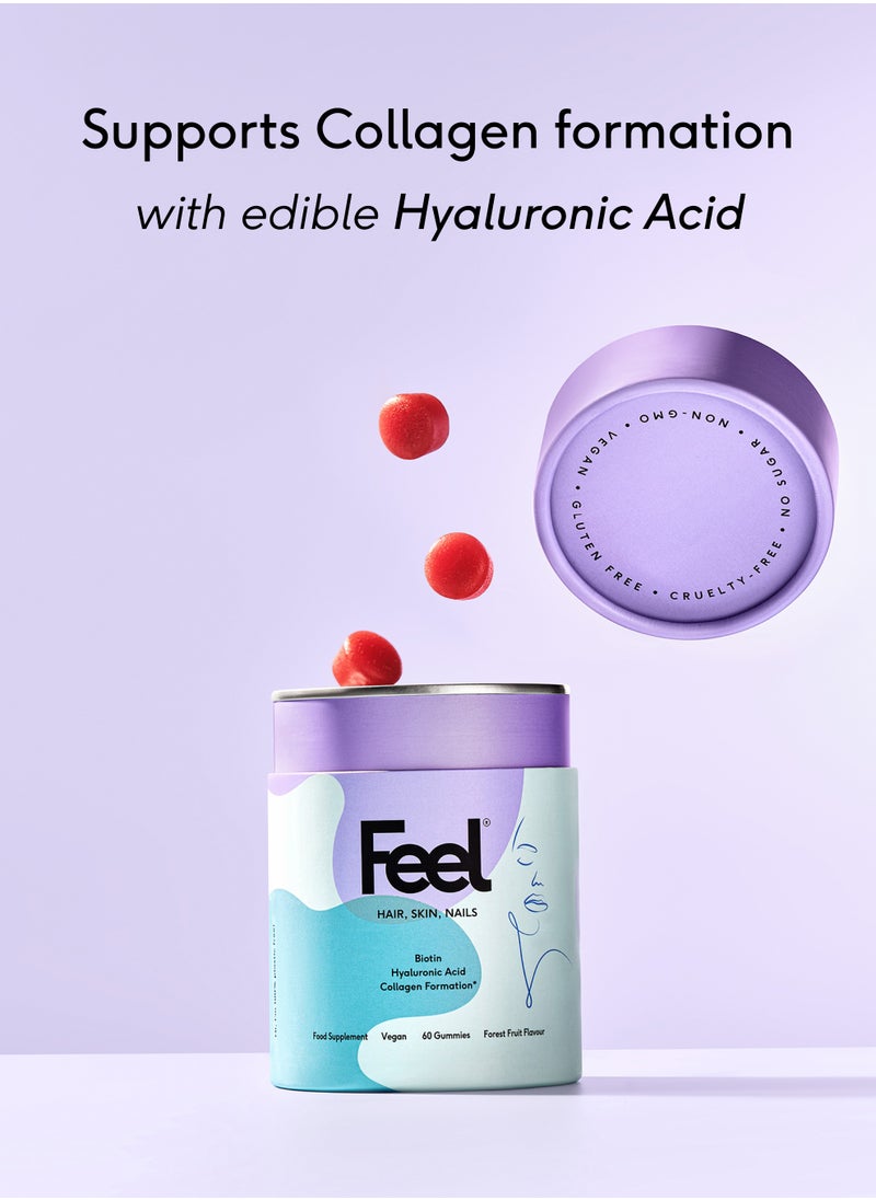 Feel Beauty Gummies, Edible Hyaluronic Acid, 100% Halal, Promotes Healthy Hair, Beautiful Skin, and Nail Support, (60 gummies)