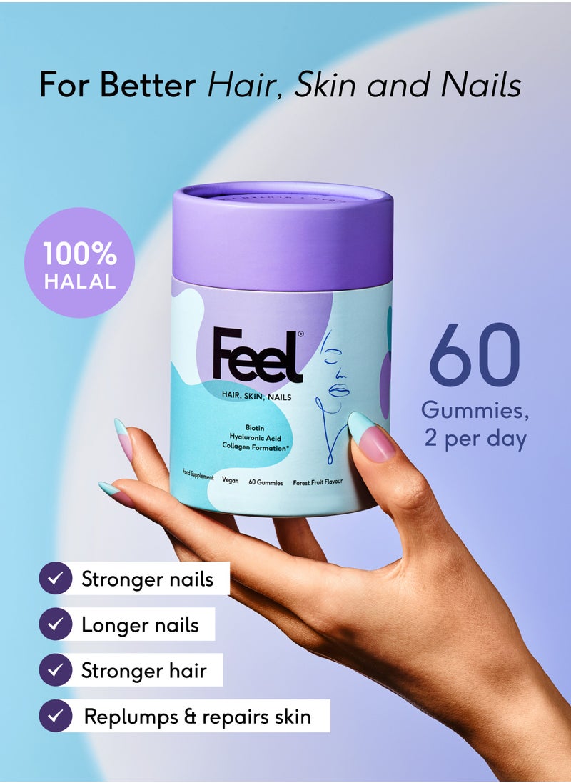 Feel Beauty Gummies, Edible Hyaluronic Acid, 100% Halal, Promotes Healthy Hair, Beautiful Skin, and Nail Support, (60 gummies)