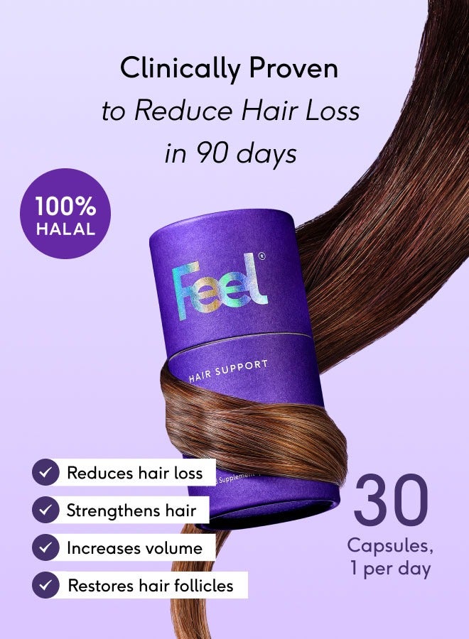 Feel Hair Support, Natural Support for Thinning Hair, 100% Halal, Vegan, Contains Biotin, 30 Capsules