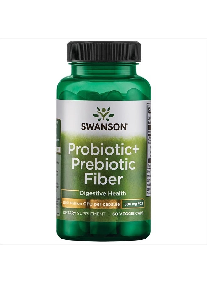 Prebiotic + Probiotic Fiber - Natural Supplement Promoting Digestive System & Immune Health Support - Aids Regularity & GI Tract Health - (60 Capsules, 500 Million CFU Each)