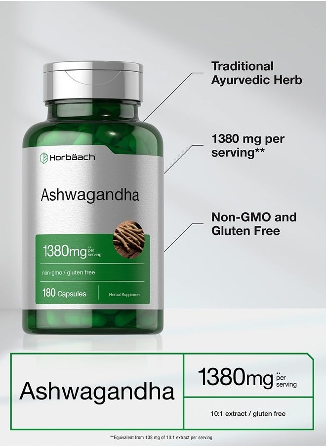 Horbaach Ashwagandha Root Extract Supplement 1380mg | 180 Capsules | Non-GMO, Gluten Free