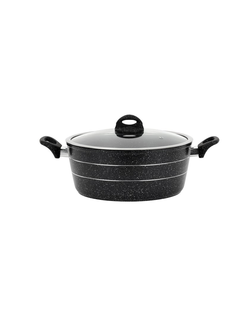 Royalford 28 cm Smart Granite Series Casserole- RF11867/ Forged Aluminium Cookware with Nonstick Granite Coating, Compatible with Induction, Hot Plate, Halogen, Ceramic, Gas Cooktops/ with Glass Lid and Soft Touch Handles, Perfect for Cooking Stews, Curries, Soups, Rice, Etc. Black 28 cm