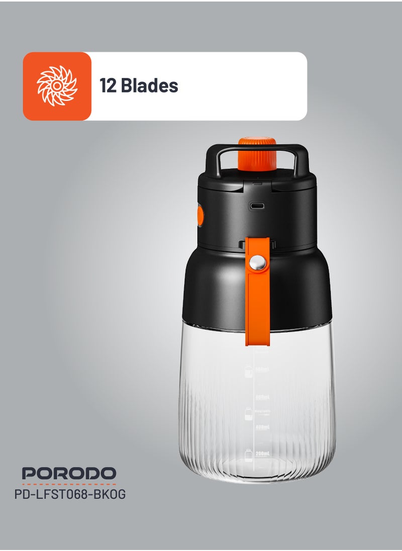 Portable Blender 1L with LED Display / 12 Stainless Steel Blades / Blend and Sip / Quick Prep Time / Blend on the Go - Black/Orange