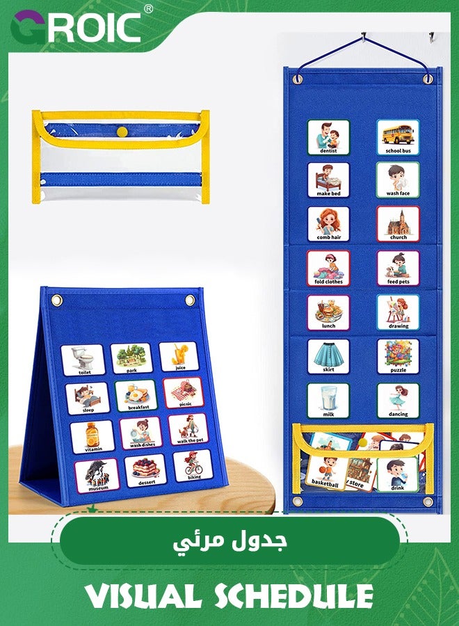 Kids Visual Schedule Calendar Chart, 2 in 1 Autism Daily Chore Routine Chart With 96 Cards,Kids Visual Behavioral Tool Wall Planner for Home,Morning Bedtime Routine Chart for Toddlers