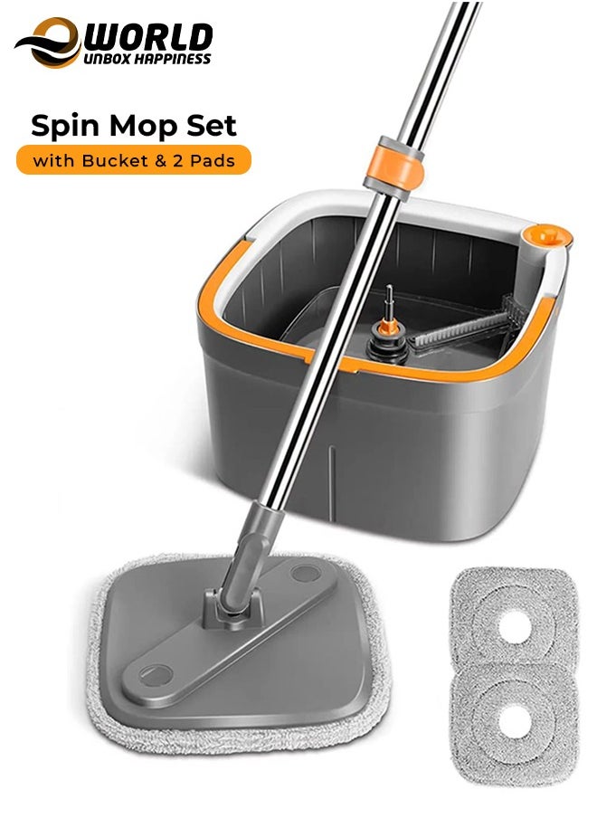 Upgraded Spin Mop and Bucket Set with Self-Separating Clean and Dirty Water System, 360° Rotating Square Microfiber Mop for Floor Cleaning, Includes 2 Washable & Reusable Pads, Ideal for All Floor Types