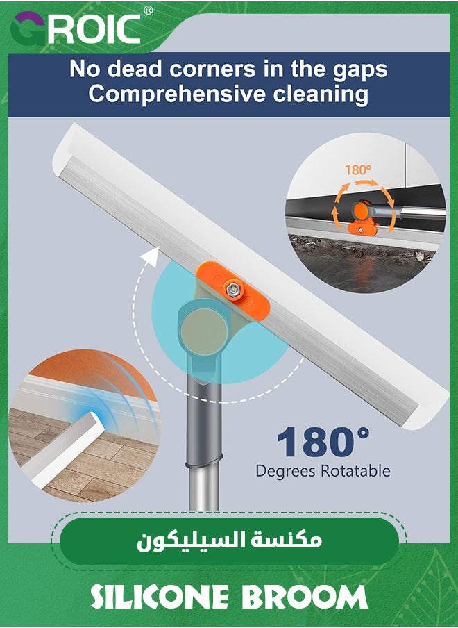 Rubber Squeegee Broom for Floor, Long Handle Window Squeegee, Silicone Pet Hair Remover,Magic Broom for Indoor Cleaning,Cleans glass, hair, fine dust, liquids, with 3 Replacing Rubber Strip