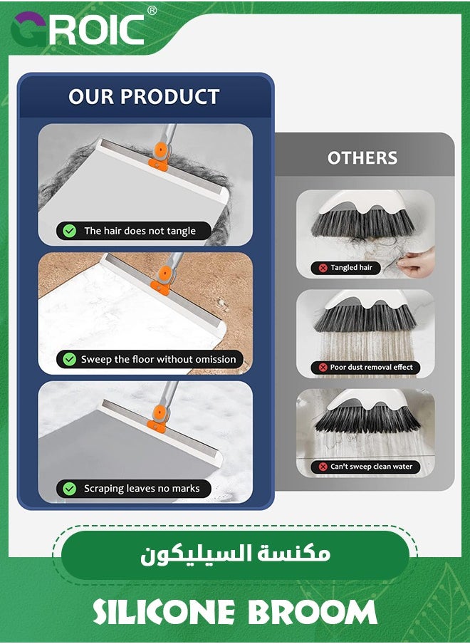 Rubber Squeegee Broom for Floor, Long Handle Window Squeegee, Silicone Pet Hair Remover,Magic Broom for Indoor Cleaning,Cleans glass, hair, fine dust, liquids, with 3 Replacing Rubber Strip
