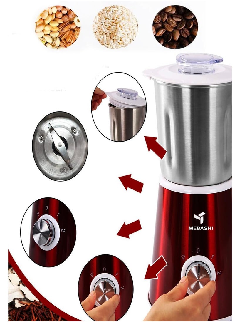 MEBASHI Coffee Grinder - 800ml, 400g, Stainless Steel Body, Powerful Motor, Red(ME-CG2285SR)(450W)