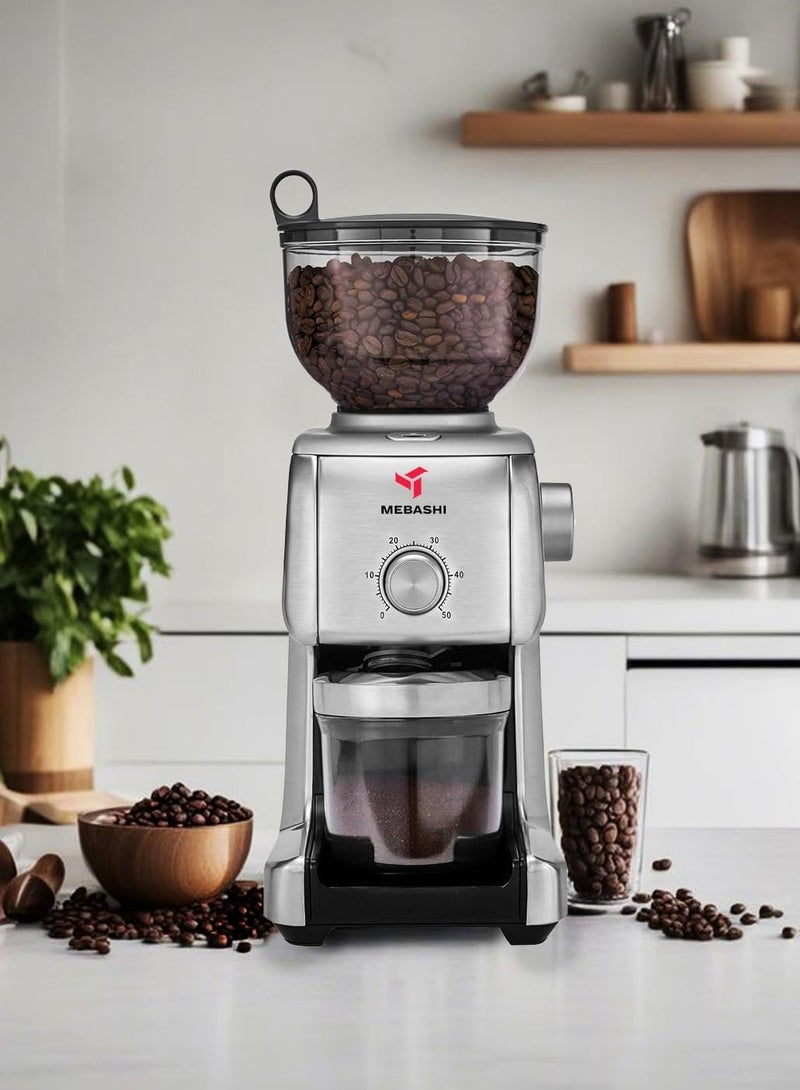 MEBASHI Stainless Steel Conical Burr Coffee Grinder | 16-Step Adjustable Grinding, 400g Capacity, Airtight Containers, and Direct Portafilter Grinding (ME-CG2290)(130W)