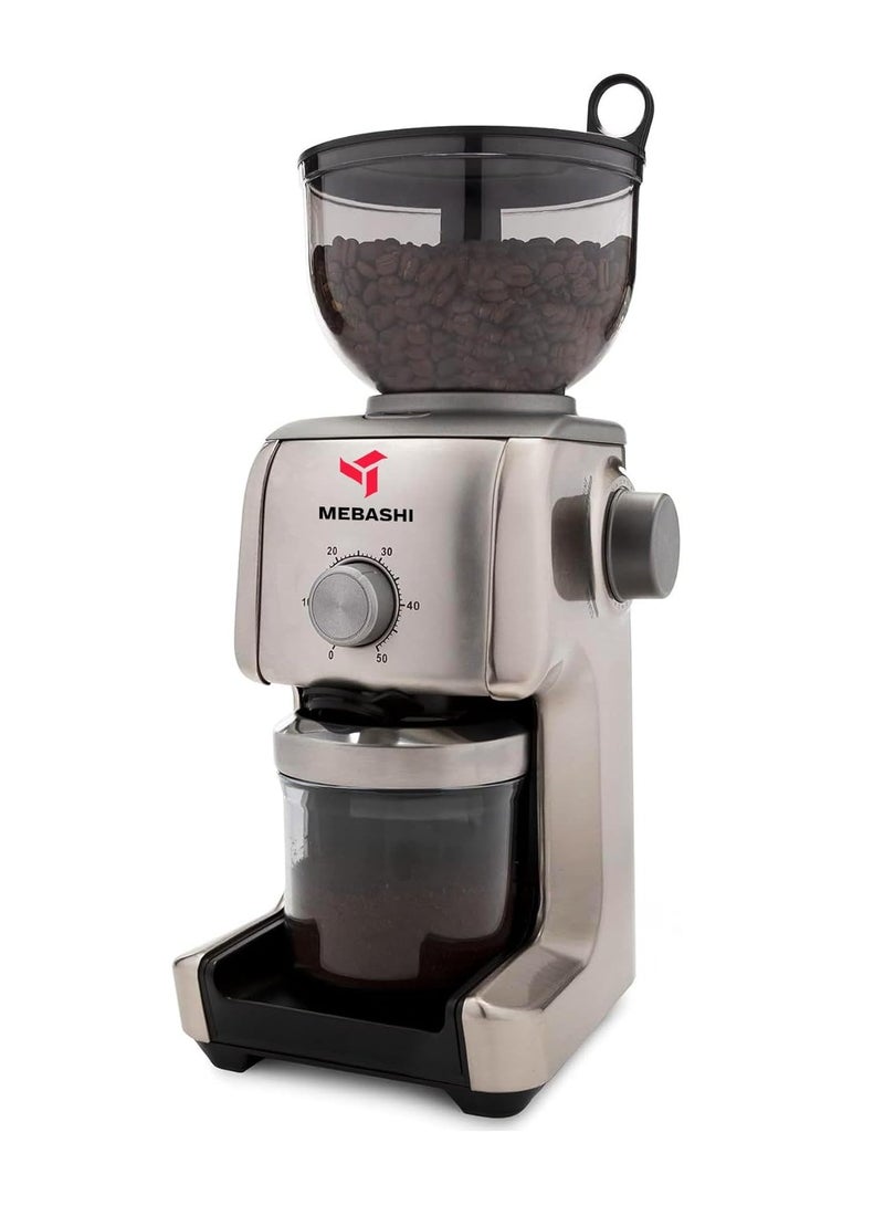 MEBASHI Stainless Steel Conical Burr Coffee Grinder | 16-Step Adjustable Grinding, 400g Capacity, Airtight Containers, and Direct Portafilter Grinding (ME-CG2290)(130W)