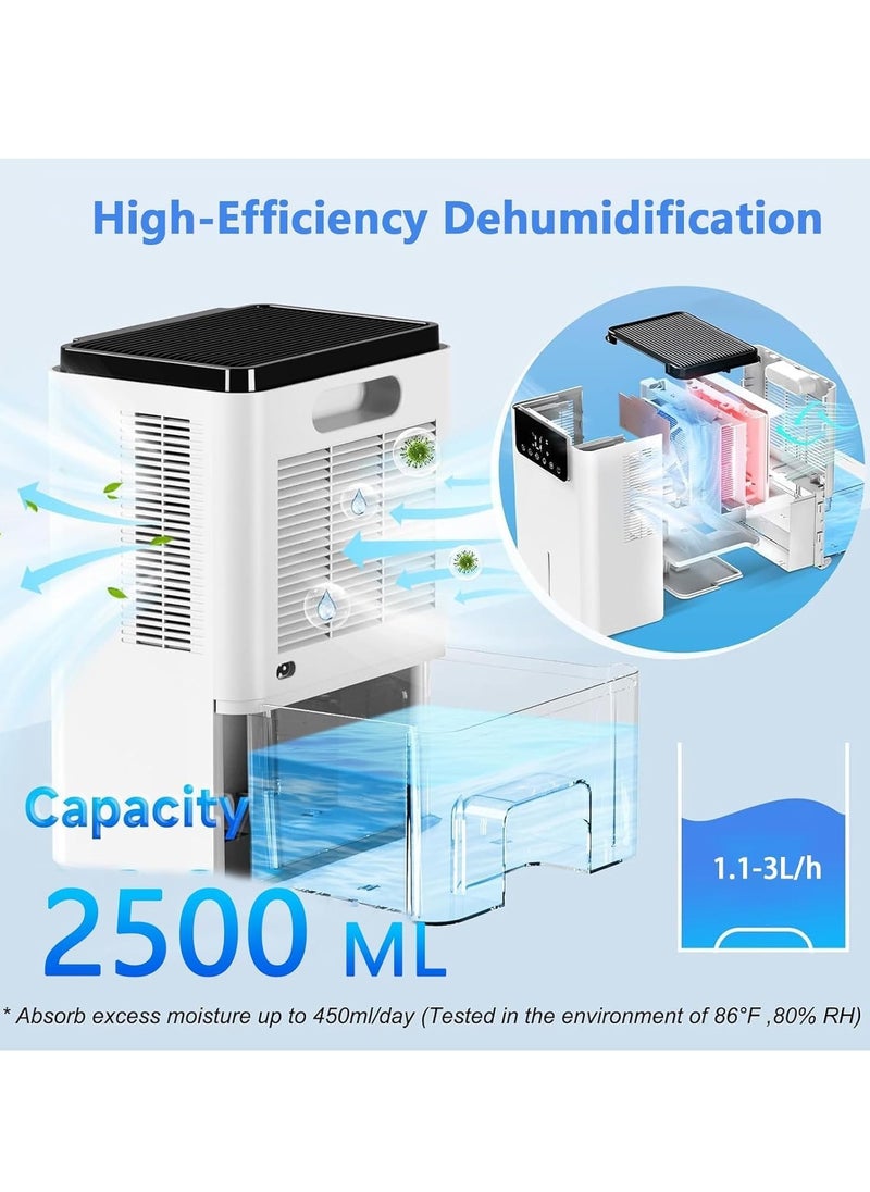 Dehumidifier with Digital Humidity Display, Sleep Mode, Continuous Drainage, Clothes Drying and Hours Timer, 2.5L Water Tank, Child Lock - Home and Bathroom Mildew Remover and hygroscopic agent