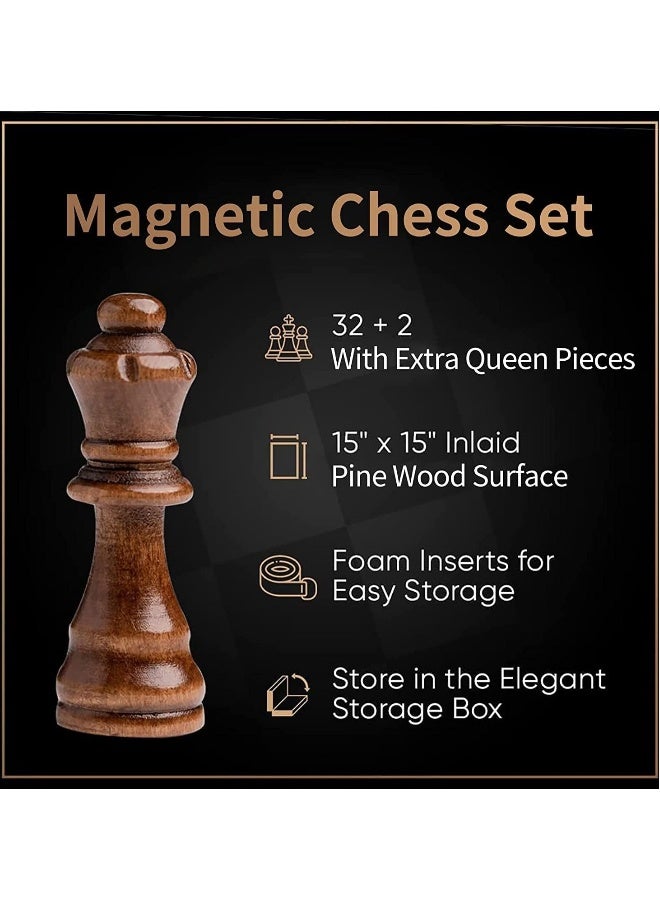 Chess Sets,15 Inch Magnetic Wooden Chess Set, Board Game for Adults and Kids, with 24 Checkers Pieces Extra & 2 Extra Queens,Portable Travel Chess Board Game Sets (39×39 cm)