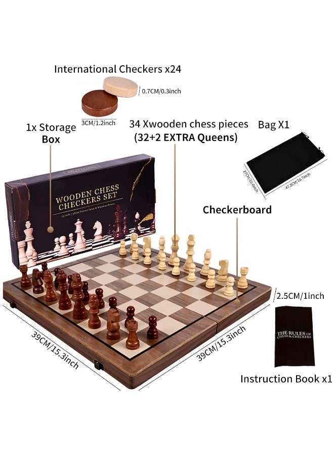 Chess Sets,15 Inch Magnetic Wooden Chess Set, Board Game for Adults and Kids, with 24 Checkers Pieces Extra & 2 Extra Queens,Portable Travel Chess Board Game Sets (39×39 cm)