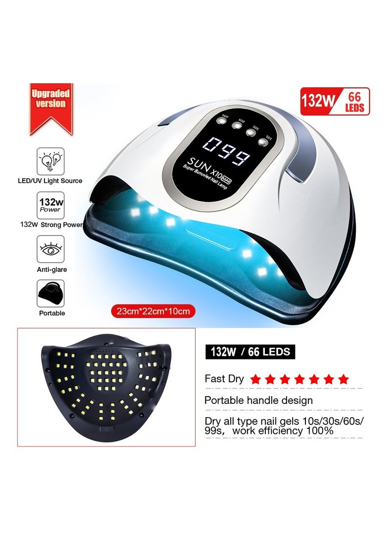 280W UV LED Nail Lamp, Fast Nail Curing Lamps for Home & Salon, 66 Beads Dryer for Gel Polish with Automatic Sensor/4 Timer Setting, Handle Professional Art Tools