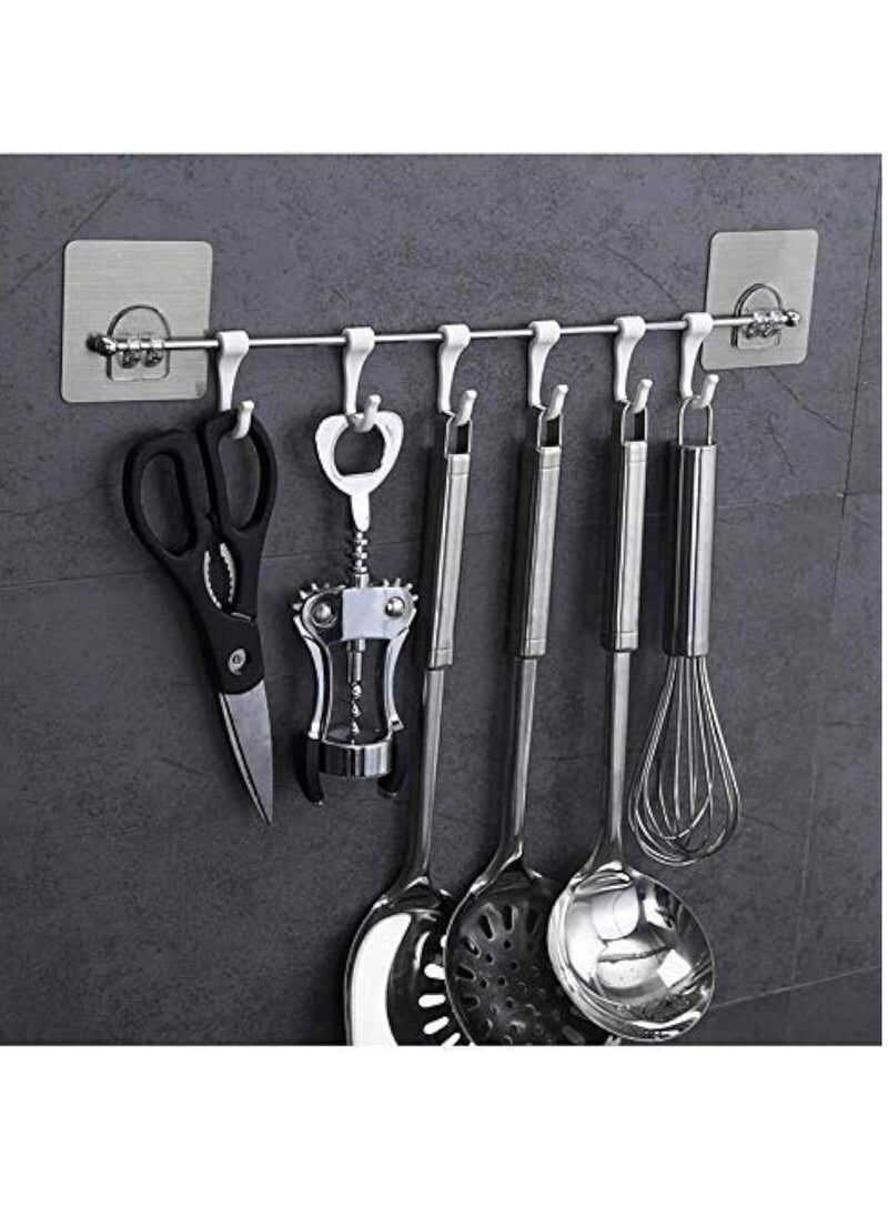 Premium Self Adhesive Kitchen Accessories Items Organizer Rack Stand, Wall Hanging Hooks Strong Without Drilling/Bathroom Door Cloth Hanger (9 Hooks), Stainless Steel