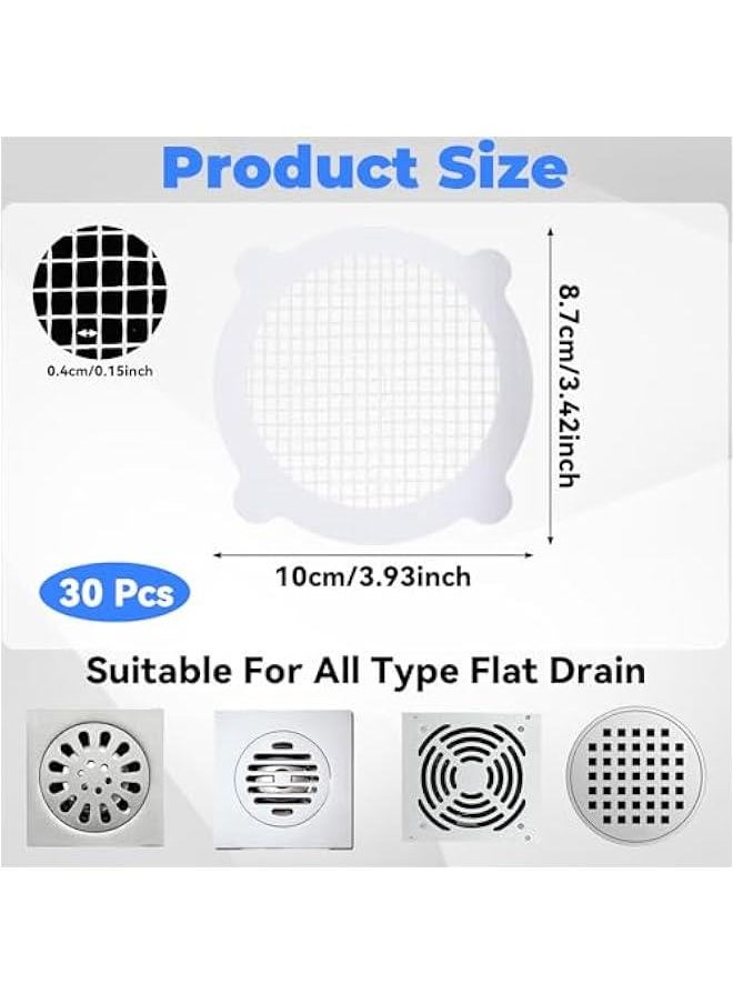 30pcs Shower Drain Hair Catcher Stickers, Disposable Floor Drain Mesh Stickers Shower Drain Cover Filter Patches Stickers for Bath Kitchen Sink Bathtub Bathroom Laundry(3.93×3.42Inch)