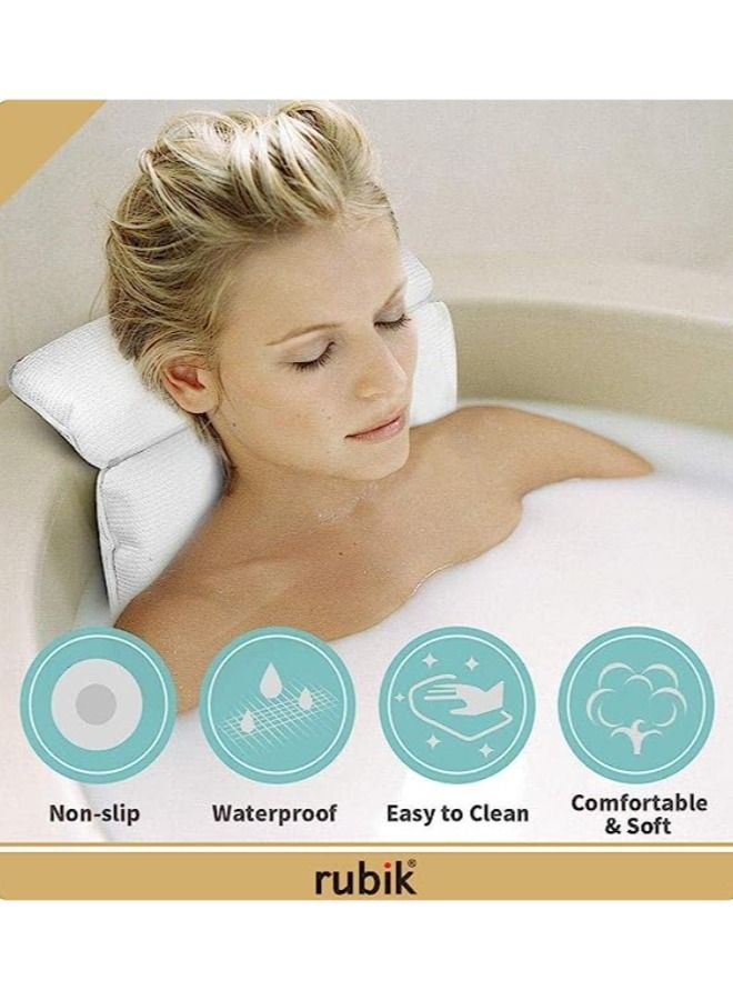 Non Slip Bath Pillow Waterproof with 7 Strong Suction Cups for Neck Rest, Shoulder and Back Support Fits Any bathtub, White