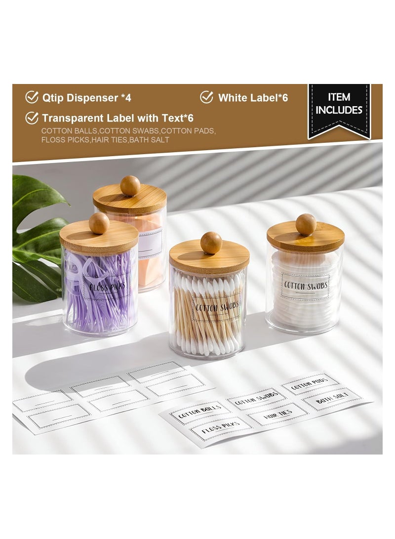 4 Pack Qtip Holder Dispenser with Bamboo Lids - 10 oz Clear Plastic Apothecary Jar Containers for Vanity Makeup Organizer Storage - Bathroom Accessories Set for Cotton Swab, Ball, Pads, Floss