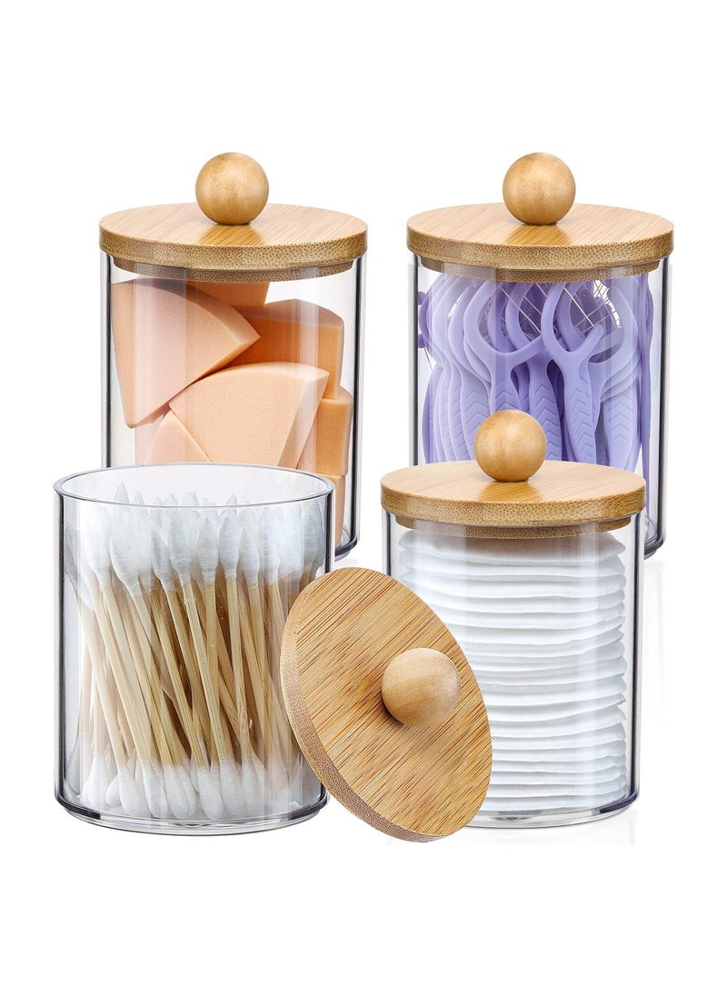 4 Pack Qtip Holder Dispenser with Bamboo Lids - 10 oz Clear Plastic Apothecary Jar Containers for Vanity Makeup Organizer Storage - Bathroom Accessories Set for Cotton Swab, Ball, Pads, Floss