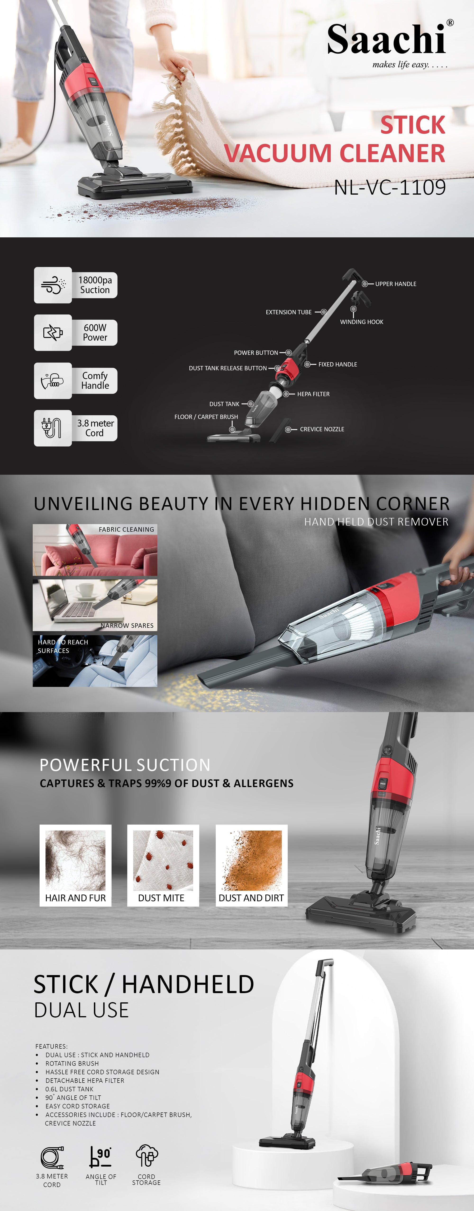 2-in-1 Stick & Handheld Vacuum Cleaner with HEPA Filter, Rotating Brush, 0.6L Dust Tank, and Accessories NL-VC-1109-BK Black