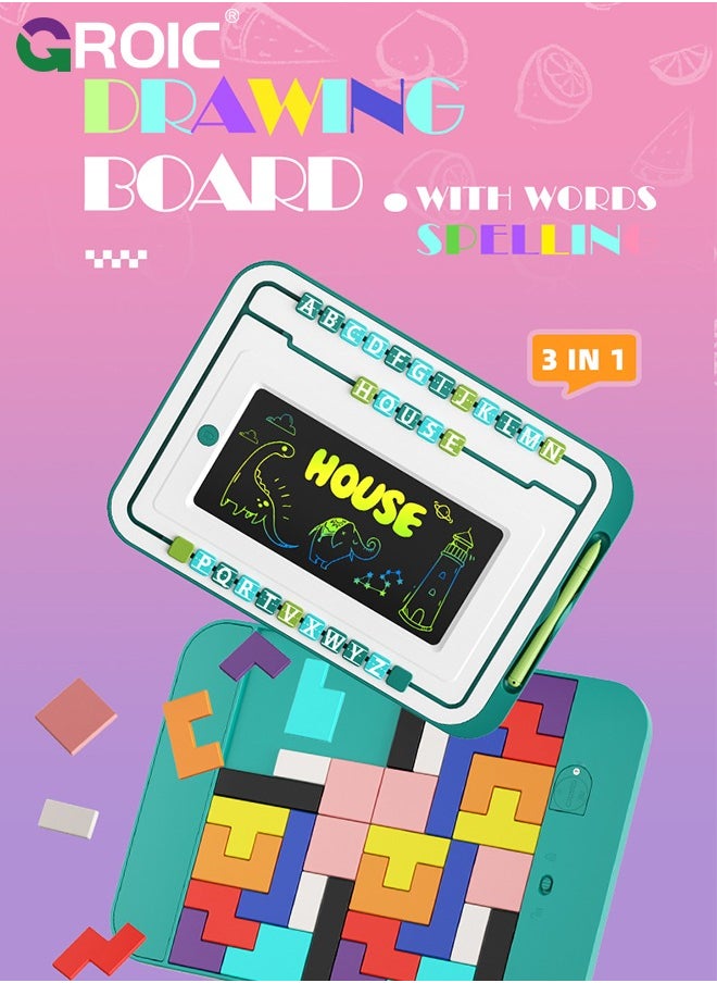 3-in-1 LCD Writing Tablet and Magnetic Drawing Board, English Word Spelling, Tetris Puzzle Blocks, Writing Tablet LCD Drawing Tablet Board Game, Erasable Doodle Board Educational Toys