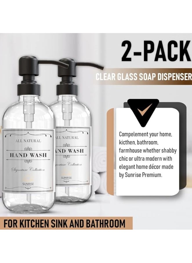 Sunrise Premium 2 Pack Clear Glass Soap Dispenser 16 OZ with Matte Black