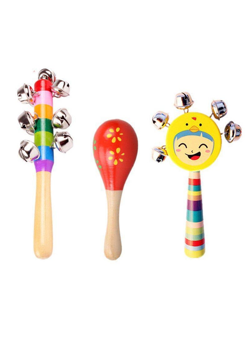 Baby Rattle Ring Wooden Handbell Baby Toys Musical Instruments Education Toy 3 Packs