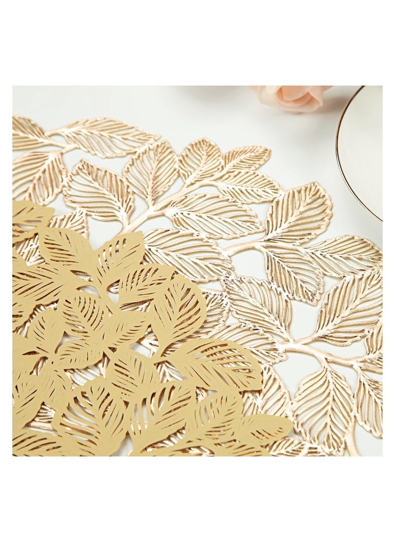 Leaf Gold Placemats Bulk Pressed Vinyl Place mats Washable and Wipeable Round Placemats Set of 6 Hollow Out Non-Slip Metallic Decorative Table Mats for Dining Table Kitchen Decor