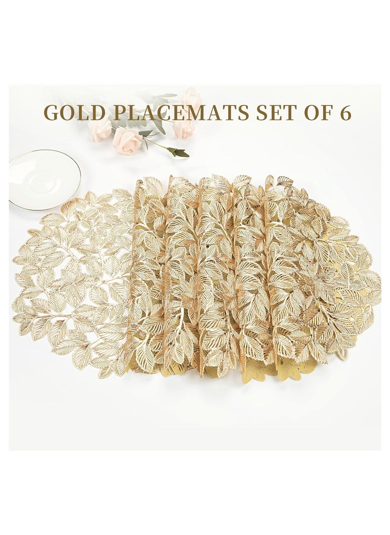 Leaf Gold Placemats Bulk Pressed Vinyl Place mats Washable and Wipeable Round Placemats Set of 6 Hollow Out Non-Slip Metallic Decorative Table Mats for Dining Table Kitchen Decor