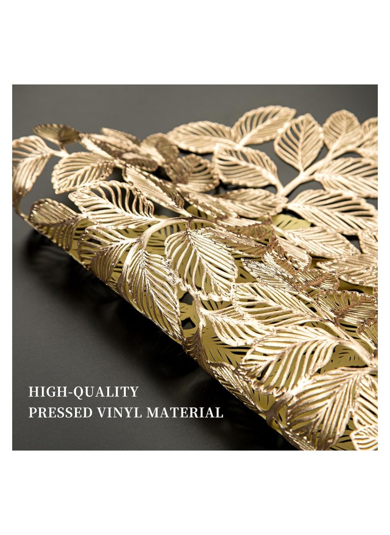 Leaf Gold Placemats Bulk Pressed Vinyl Place mats Washable and Wipeable Round Placemats Set of 6 Hollow Out Non-Slip Metallic Decorative Table Mats for Dining Table Kitchen Decor