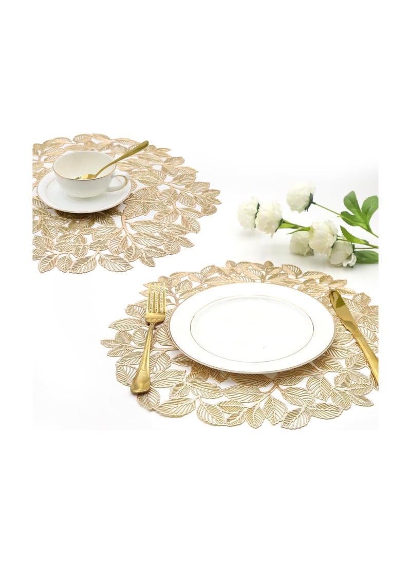 Leaf Gold Placemats Bulk Pressed Vinyl Place mats Washable and Wipeable Round Placemats Set of 6 Hollow Out Non-Slip Metallic Decorative Table Mats for Dining Table Kitchen Decor