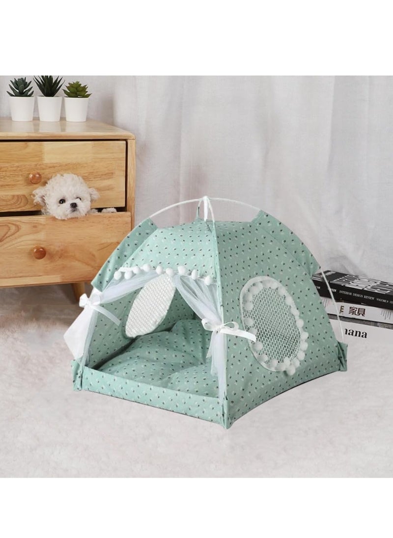 Cat Bed Tent Dog House Indoor and Outdoor Lace Mesh Breathable Window Door Curtain Removable Portable Nest Tent House (Small Light Green)