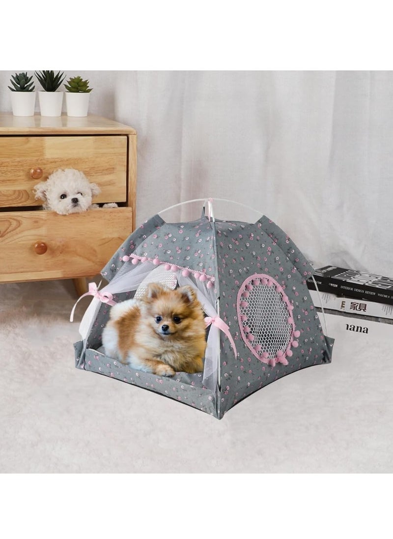 Cat Bed Tent Dog House Indoor and Outdoor Lace Mesh Breathable Window Door Curtain Removable Portable Nest Tent House (Small Gray)