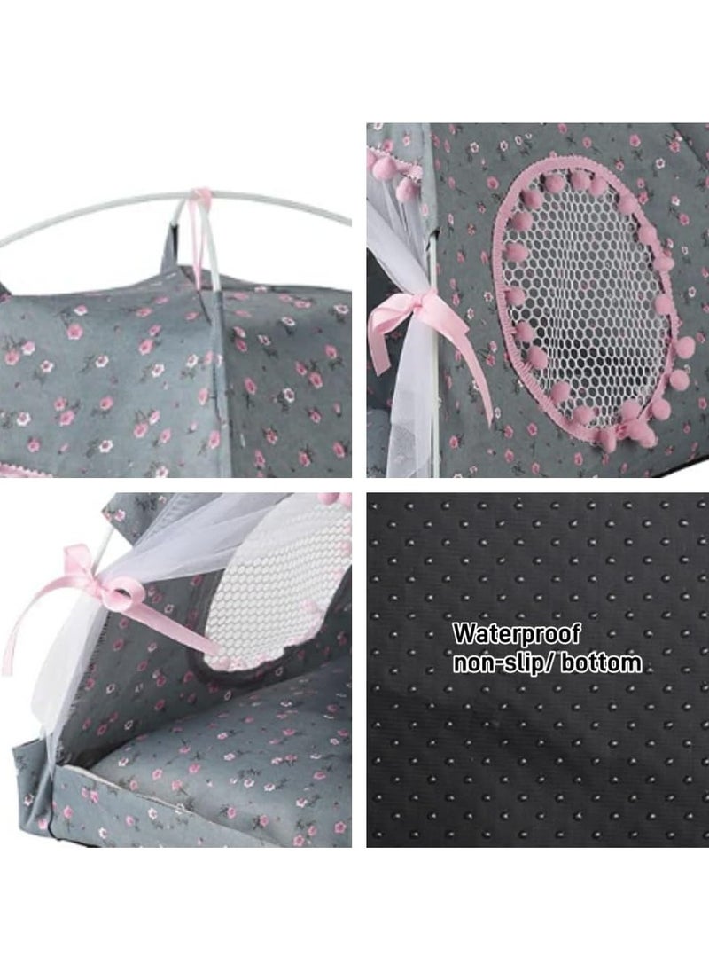 Cat Bed Tent Dog House Indoor and Outdoor Lace Mesh Breathable Window Door Curtain Removable Portable Nest Tent House (Small Gray)
