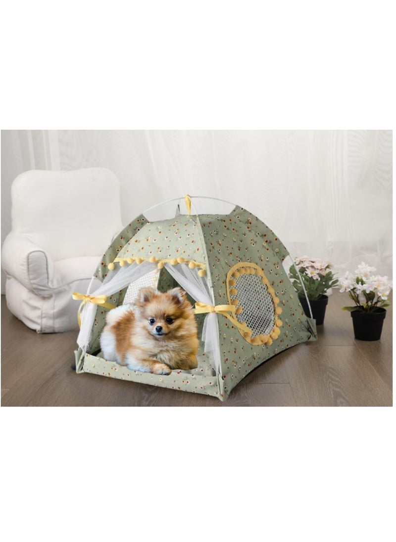 Cat Bed Tent Dog House Indoor and Outdoor Lace Mesh Breathable Window Door Curtain Removable Portable Nest Tent House (Small Green)