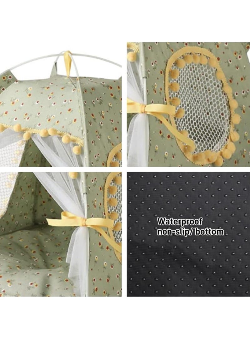 Cat Bed Tent Dog House Indoor and Outdoor Lace Mesh Breathable Window Door Curtain Removable Portable Nest Tent House (Small Green)
