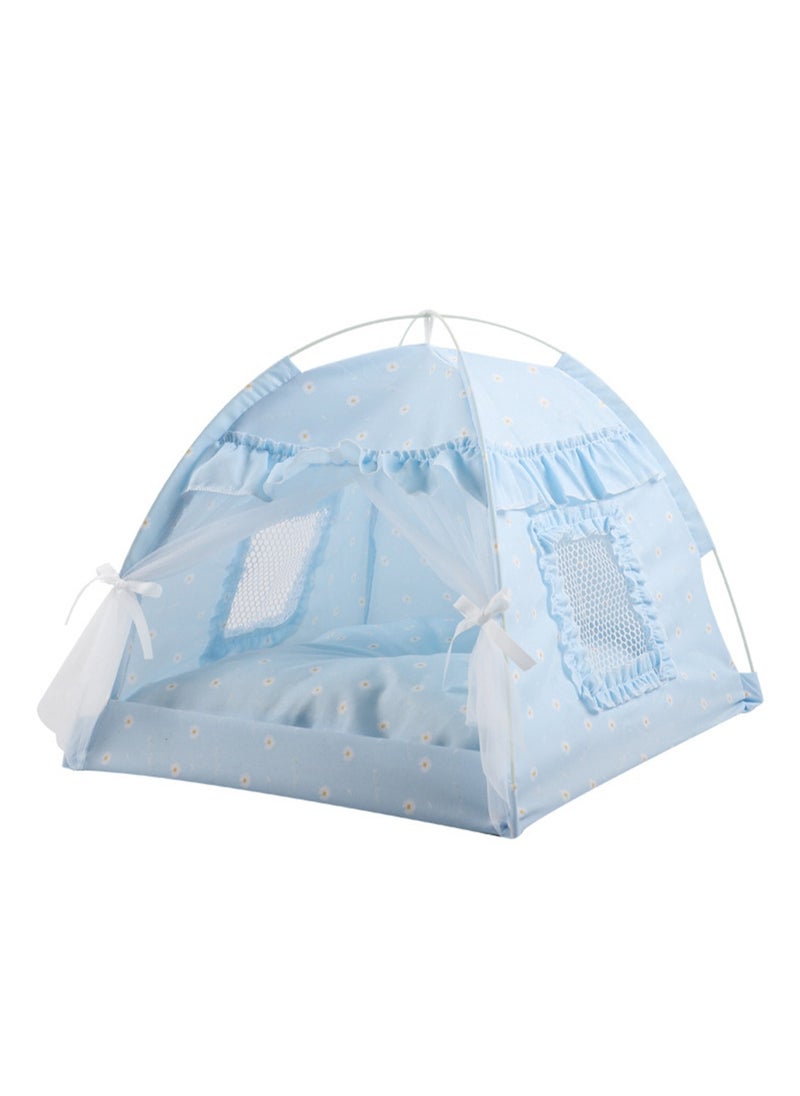 Cat Bed Tent Dog House Indoor and Outdoor Lace Mesh Breathable Window Door Curtain Removable Portable Nest Tent House (Small, Blue)