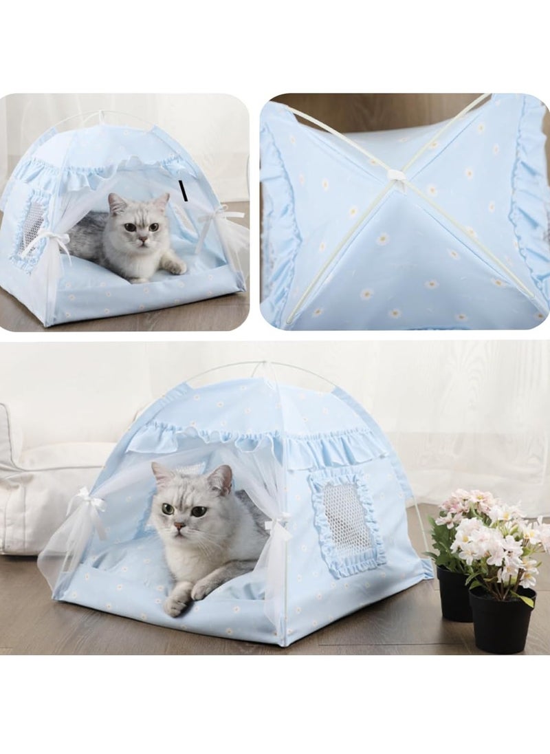 Cat Bed Tent Dog House Indoor and Outdoor Lace Mesh Breathable Window Door Curtain Removable Portable Nest Tent House (Small, Blue)