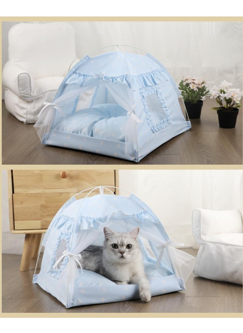 Cat Bed Tent Dog House Indoor and Outdoor Lace Mesh Breathable Window Door Curtain Removable Portable Nest Tent House (Small, Blue)