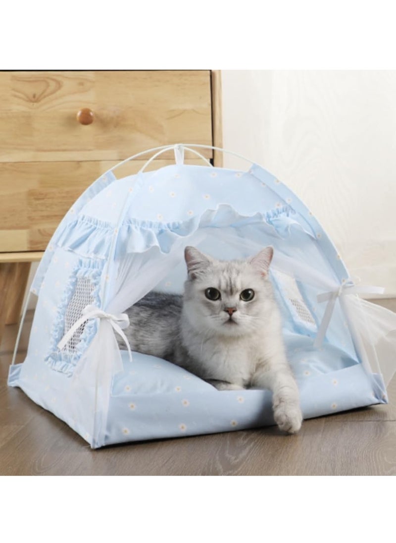 Cat Bed Tent Dog House Indoor and Outdoor Lace Mesh Breathable Window Door Curtain Removable Portable Nest Tent House (Small, Blue)