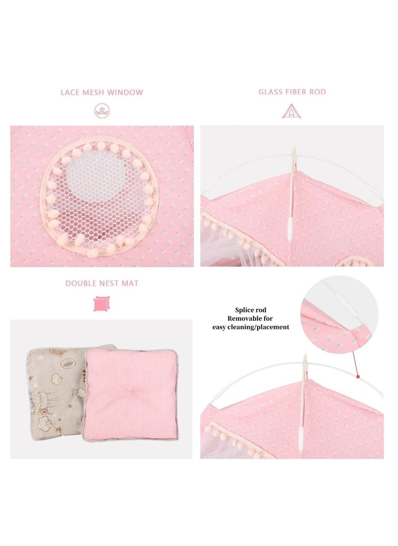 Cat Bed Tent Dog House Indoor and Outdoor Lace Mesh Breathable Window Door Curtain Removable Portable Nest Tent House (Small Pink)