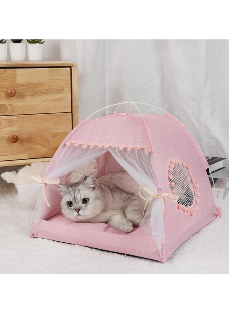 Cat Bed Tent Dog House Indoor and Outdoor Lace Mesh Breathable Window Door Curtain Removable Portable Nest Tent House (Small Pink)