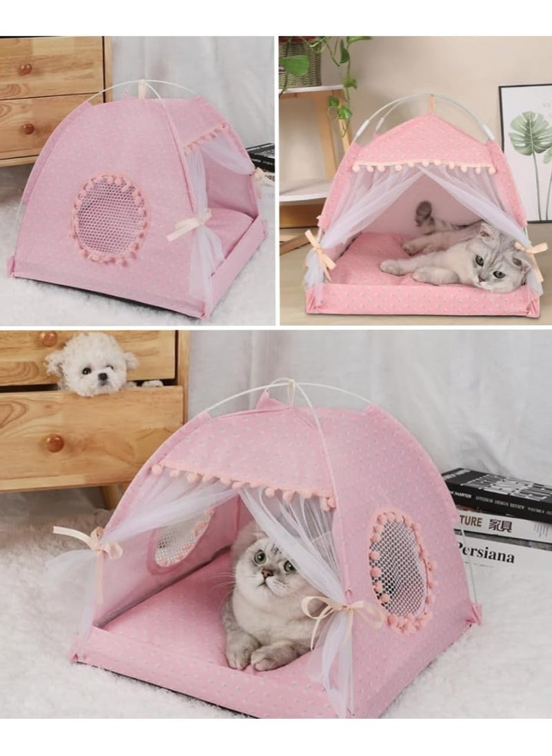 Cat Bed Tent Dog House Indoor and Outdoor Lace Mesh Breathable Window Door Curtain Removable Portable Nest Tent House (Small Pink)