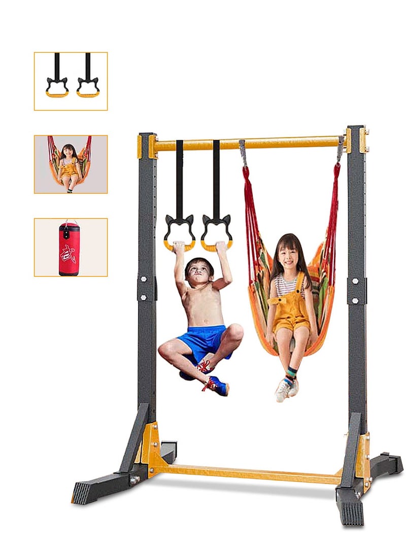 Gymnastics Bars,Adjustable Height Gymnastic Horizontal Bars,Junior Training Bar Children Folding Training Monkey Bars for Kids Home Gym Equipment with Rings, Swings and Sandbags