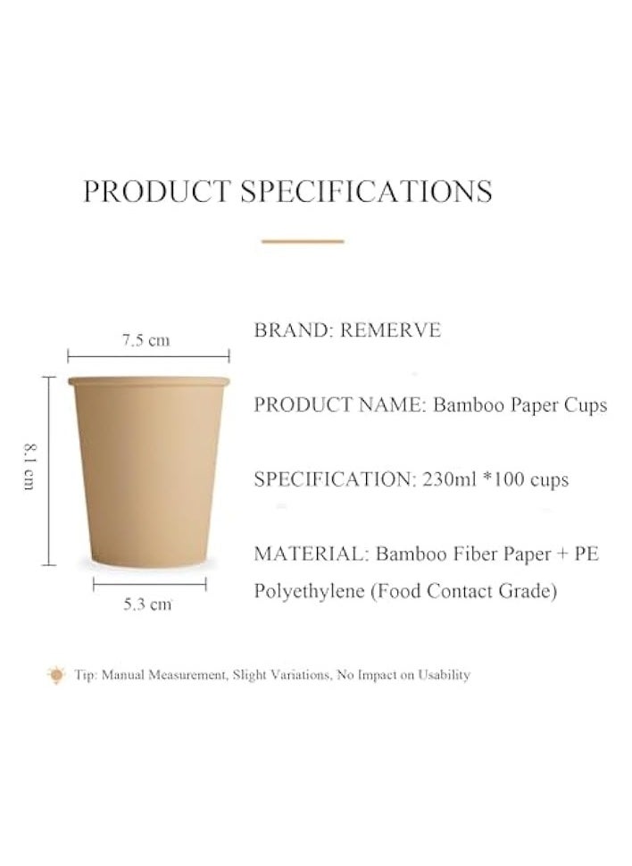 Bamboo Paper Cups, Compostable, Biodegradable, Disposable (230ml, 100 Pack) Eco Friendly, Good for Drinking Coffee, Tea and any Hot and Cold