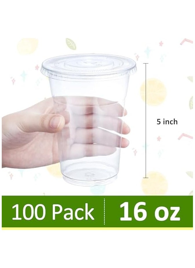 16 oz Clear Plastic Cups with Lids 100 Sets Disposable Plastic Cups with Flat Lids To Go, Cold Drink Cups, Smoothie Cups, Disposable Ice Coffee Cups