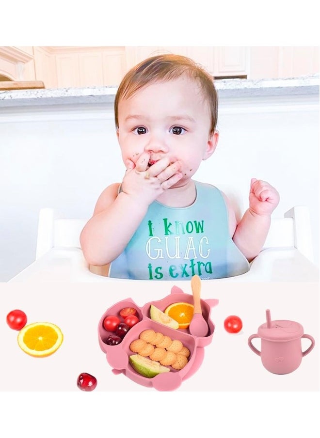 Silicone Baby Feeding Set, 8 Piece Baby Led Weaning Supplies, Baby Toddler Bib Cup Divided Plate and Bowl Self Feeding Spoons Dish Set, Baby Eating Utensils, Toddler Feeding Supplies