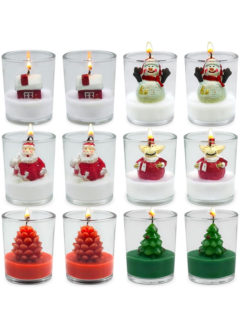 12-Pack Christmas Glass Votive Candles - Festive Decor Set with Santa, Snowman, Pinecone, Cedar, Elk and House Designs - Good for Xmas Holiday Decorations, Parties and Gifts